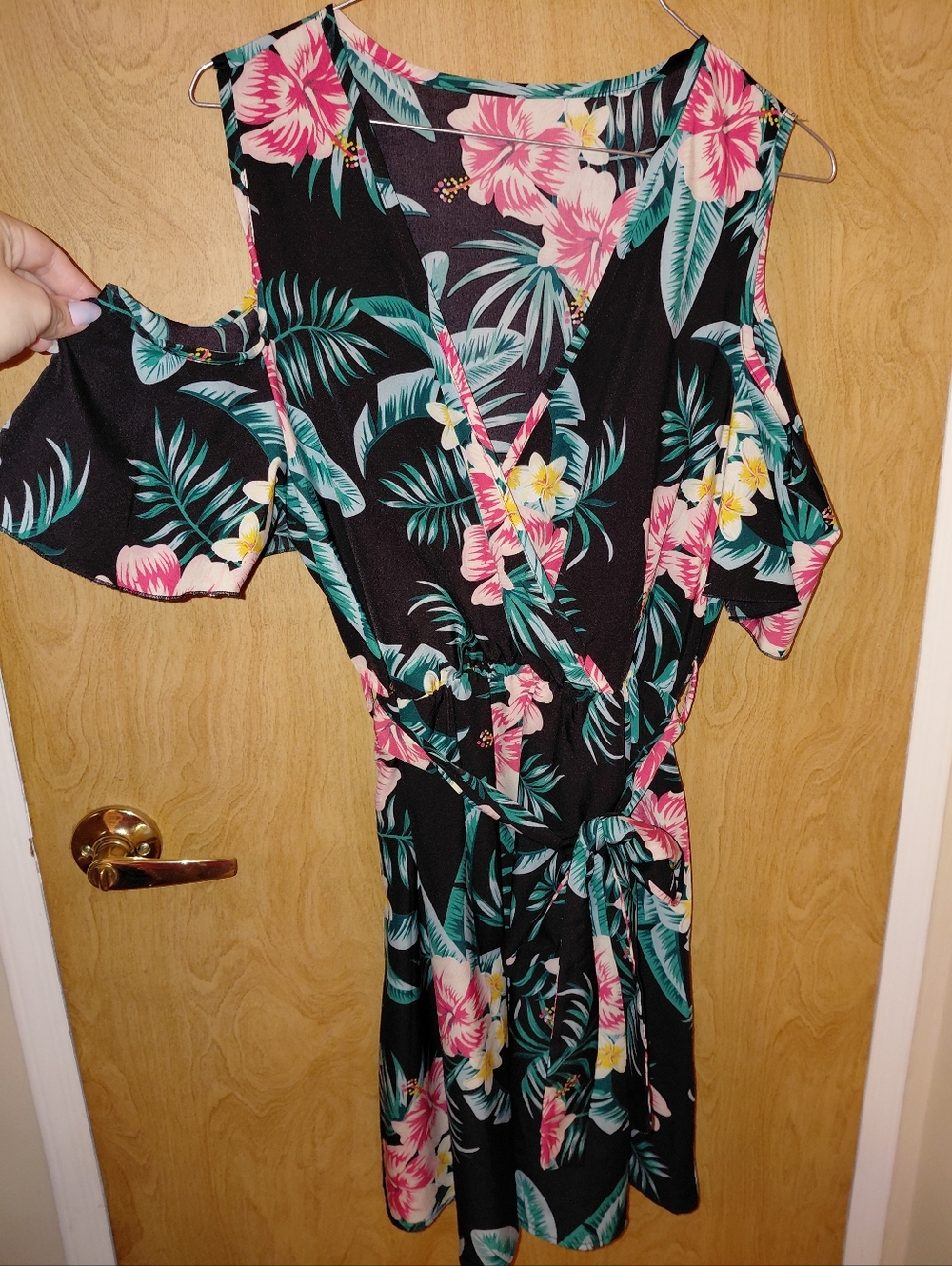 SHEIN Black Floral Cold-Shoulder Dress with Pink & Teal Print